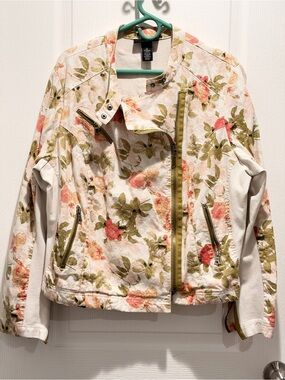 Lane Bryant Floral Moto Jacket Women’s Size 22 Plus Ivory Pink Zip Jacket